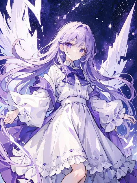 T Masterpiece，highest quality，1 girl，Light purple hair，eyes purple，white long skirt，starry ski，starlight