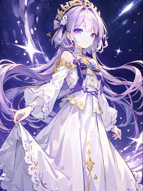 T Masterpiece，highest quality，1 girl，Light purple hair，eyes purple，white long skirt，starry ski，starlight