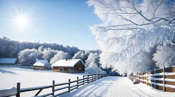 snowy scene with a fence and a house in the distance, beautiful snowy landscape, beautiful winter area, snowy winter, snowy winter scene, snow landscape, winter snow, snowy landscape, snow landscape background, winter in the snow, winter setting, sunny win...