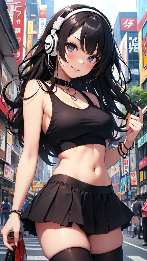 highest quality、Highest image quality、masterpiece、teenage girl((18-year-old、 Agar、vest bust、medium bust,wide open breast tea、Black eyes, black hair、long hair、slender,highest valley、cute makeup、Black short skirt、Red spats、fluttering hair、White navel tank to...