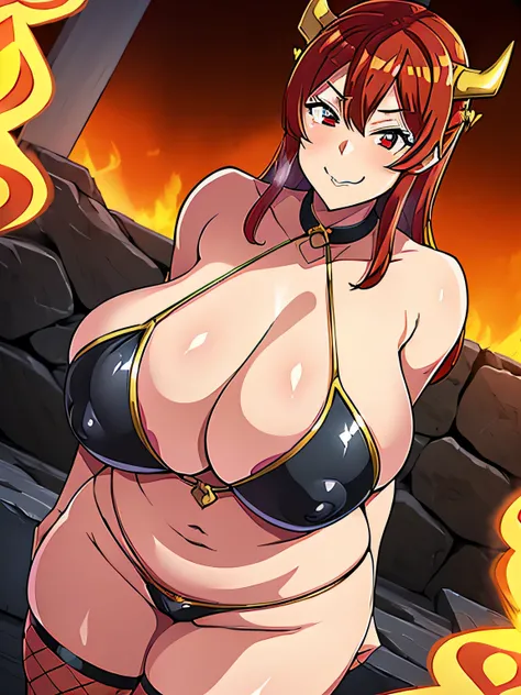 (Best Quality:1.1), (masutepiece:1.4), (marvelous illustration:1.2), Dutch Angle, 1girl in, ((Bimbo)), yui, (Diabolical:1.3),scarlet red hair, Long messy hair, golden brown eyes, Unhealthy smile, huge gigantic breasts,Curve, Thick, (火mont:1.3), lava, Molte...