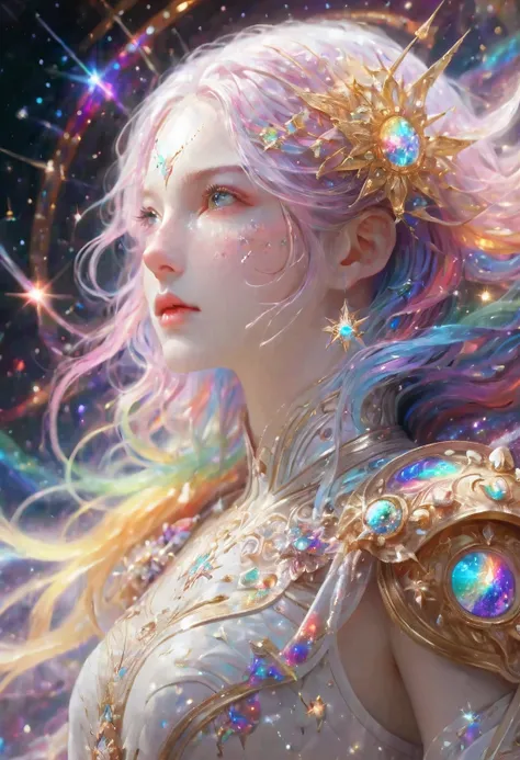 1 girl, rainbow colored hair,white exquisite armor, rainbow colored cosmic nebula background, star, galaxy, intricate details, w...