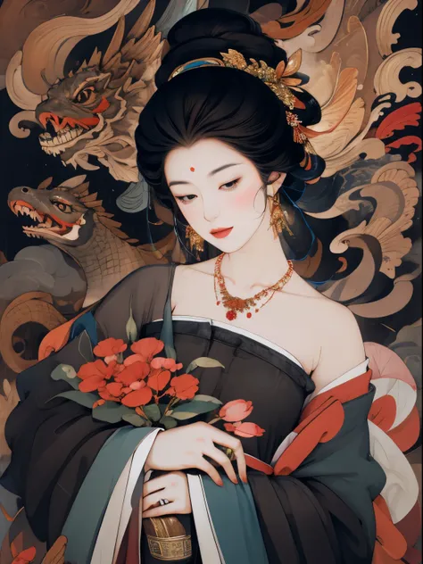 masterpiece, 1girl, nail_polish, jewelry, necklace, black_hair, closed_eyes, solo, dress,black_hair, ancient art, chinese, flowe...