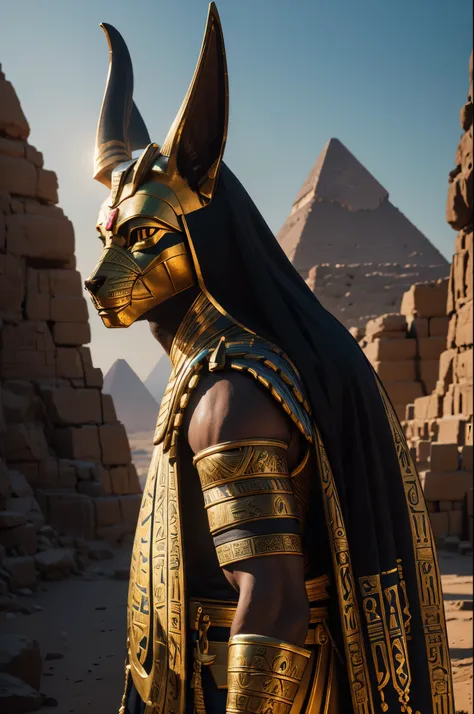 8K,(god of egypt),Anubis personification,ultra high resolution,Super realistic,wilderness,Remains, rich colors, Backlight, cinematic lighting, film grain, RAW, 50mm lens,nikon　D850,Colorful mask of Anubis,