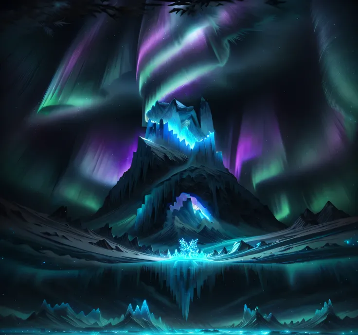 aurora，snowflake，glacier，ice mountain，streamer，high resolution，dark night