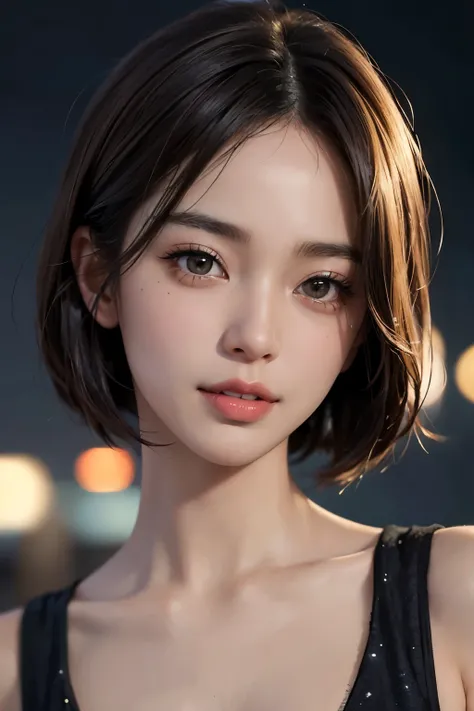 highest quality、masterpiece、ultra high resolution、Live shooting、(photorealistic:1.4)、not looking here、1 girl、detailed face、brown eyes、Glittering night view、black sexy dress、provocative smile、angle from below、short haired、Beautiful Japan actress、Sakimi-chan...
