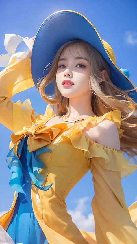 8k, highly detailed, girl in yellow dress and blue hat on blue sky background