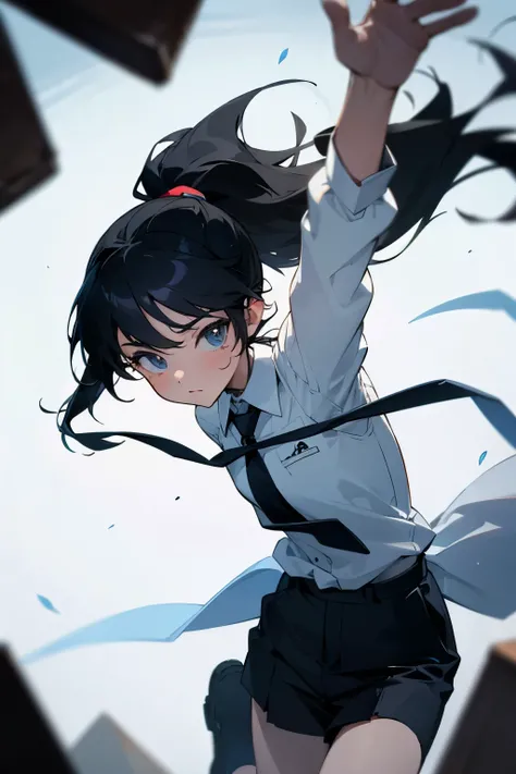 girl with black hair、small chest、ponytail、white shirt、tie、No expression、jumping、Uplifting