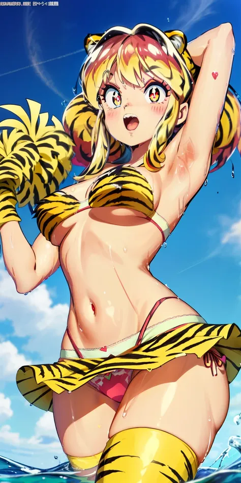 ram invader, white panties、detailed breasts, anime dick, (Tiger print miniskirt cheerleader: 1.2), （脚上げでwhite panties見えてる:1.4）,muste piece, white panties、best quality, open mouth, tooth, ultra-detailed breasts, Yellow eyes,White shorts、 cute eyes, detailed...