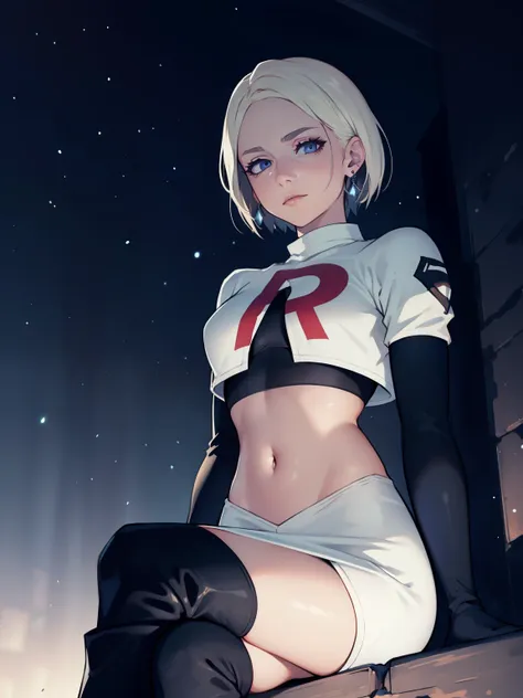 warmercedes, short hair, earings ,glossy lips ,team rocket uniform, red letter r, white skirt,white crop top,black thigh-high bo...