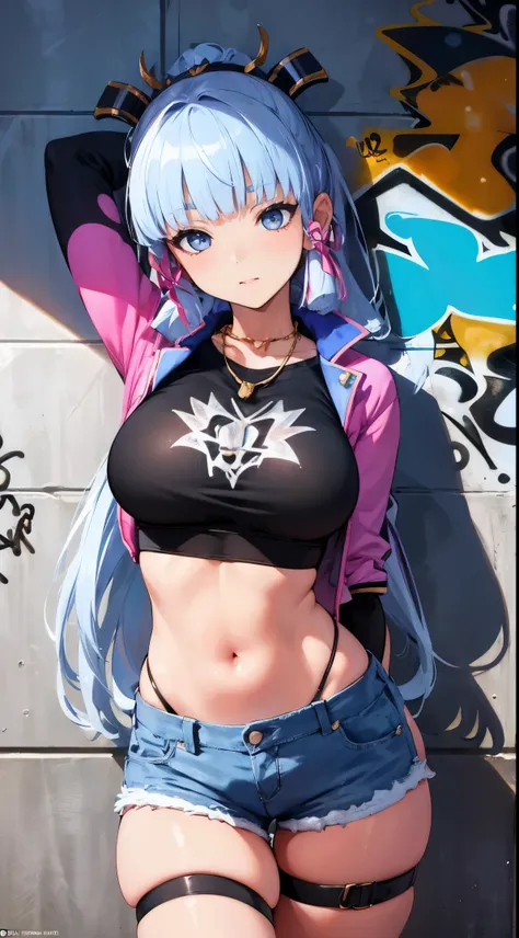 Kamisato Ayaka|Genshin&#39;s influence, masterpiece, Best quality, 1 girl,25 years, Big breasts, Crop top, shorts jeans, Big breasts, ,only, Crop top, shorts jeans, necklace, (graffiti:1.5), Splashes with purple lightning pattern., hand behind your back, n...