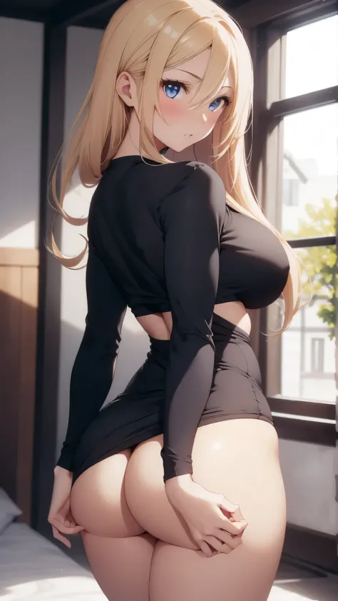 back shot, professional, (4K image:1.1), (sharp focus:1.3), highly detail, wearing a (tight shirt:1.2), Beautiful detailed face, Brilliant eyes, long blond hair, (Attractive young woman:1.3), (Seductive:1.1), (Blushing:1.1), Hourglass body shape, perfect h...