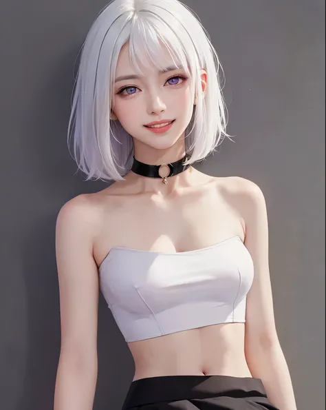 (masterpiece, best quality, 1girl, solo, intricate details, chromatic aberration), (realistic),(skin), ((breath)),(((short silky hair, white hair, purple eyes)), (medium breasts:1.2), blush, (cheeky smile, parted lips),sharp eyes, choker,((black crop top )...