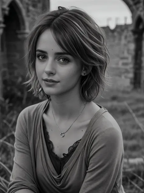 photorealistic, Masterpiece photo in shades of gray, woman with disheveled hair and bad torn clothes, cute sexy, (detailed medieval background), ultra sharp focus, Detailed face, (((posing))),  random hair color, short hair, beautiful eyes, with the face o...