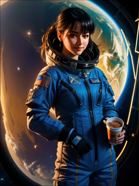 a female in space suit on space station, in weightlessness, holding a cup, photorealistic, intricate details, hdr, antialiased, 8k, syd mead, sharp details, vallejo, little smile