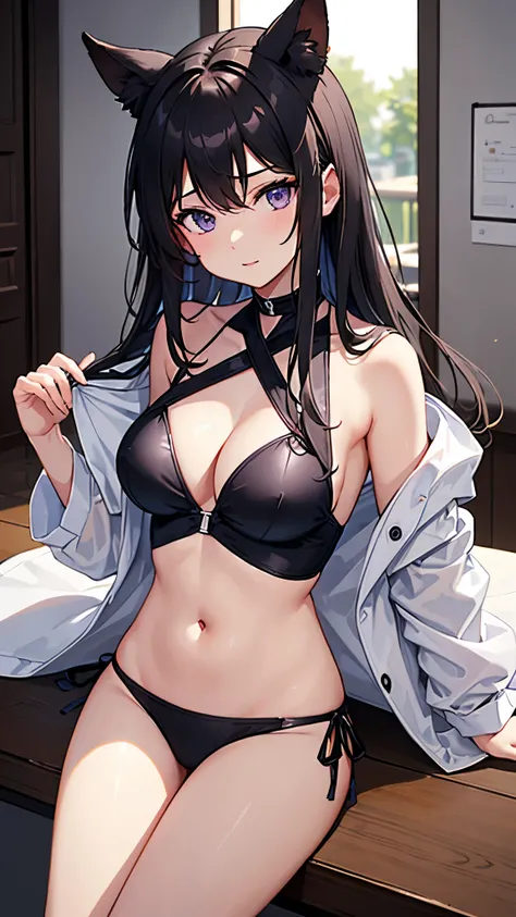 young girl, long dark purple or black hair, purple eyes, beautiful chest,I can see your stomach、thighs，The navel is visible，swimsuit， masterpiece, high quality, High resolution, HD, 4k、thighsから上のカット、beautiful eyes、bun hair、