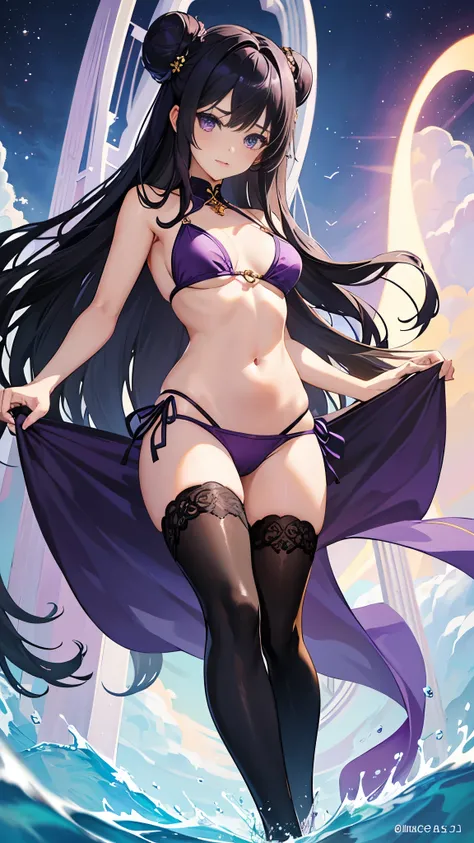 young girl, long dark purple or black hair, purple eyes, beautiful chest,I can see your stomach、thighs，The navel is visible，swimsuit， masterpiece, high quality, High resolution, HD, 4k、thighsから上のカット、beautiful eyes、bun hair、