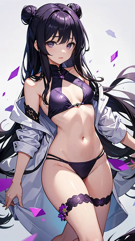 young girl, long dark purple or black hair, purple eyes, beautiful chest,I can see your stomach、thighs，The navel is visible，swimsuit， masterpiece, high quality, High resolution, HD, 4k、thighsから上のカット、beautiful eyes、bun hair、small breasts