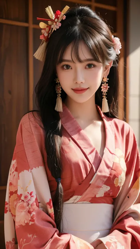 1girl,solo,looking at viewer,long hair,bangs,floral print,seductive smile, hair ornament,blush,jewelry,earrings,closed mouth,japanese clothes,black hair,kimono,tassel,upper body,red kimono,