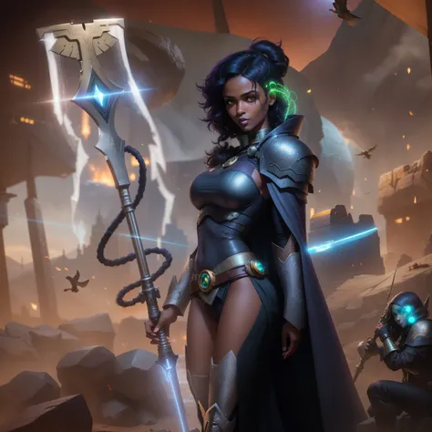 femme arafée dans une cape violette (Black woman with fine nose, black lips, big round eyes, green eyes), (carrying a eagle-staff with the roman symbol Aquila), (Long Cape), (Short loose hair, viking haircut (Black Hair shaved on one side)), Warhammer 40K,...