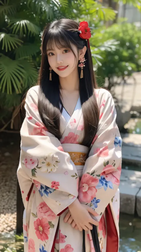 1girl,solo,looking at viewer,long hair,bangs,floral print,seductive smile, hair ornament,blush,jewelry,earrings,closed mouth,japanese clothes,black hair,kimono,tassel,upper body,red kimono,