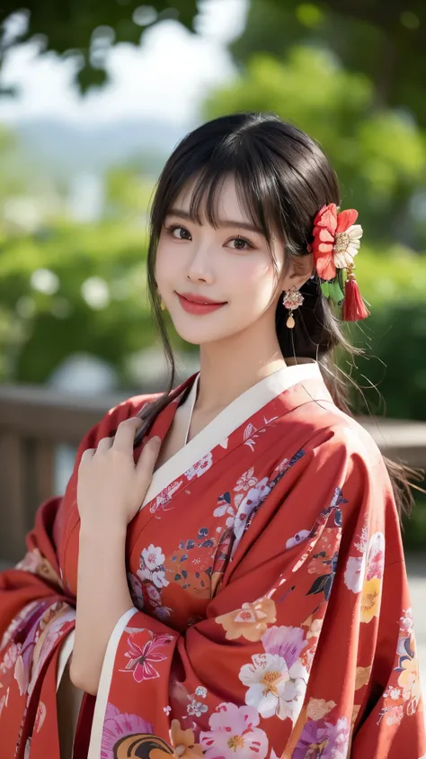 1girl,solo,looking at viewer,long hair,bangs,floral print,seductive smile, hair ornament,blush,jewelry,earrings,closed mouth,japanese clothes,black hair,kimono,tassel,upper body,red kimono,