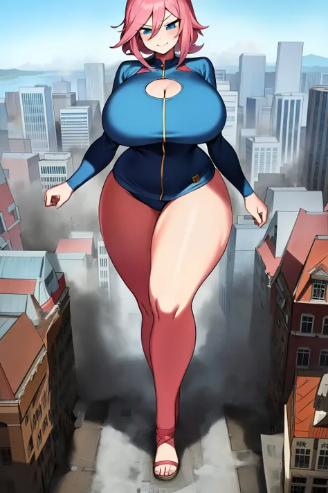 An anime female character walking in a city, 1girl, GTS, giantess, bikini, curvy, busty, smirk, evil, thick thighs, walking, taller than buildings, stepping, rampage, sky, cloud, full body, breasts