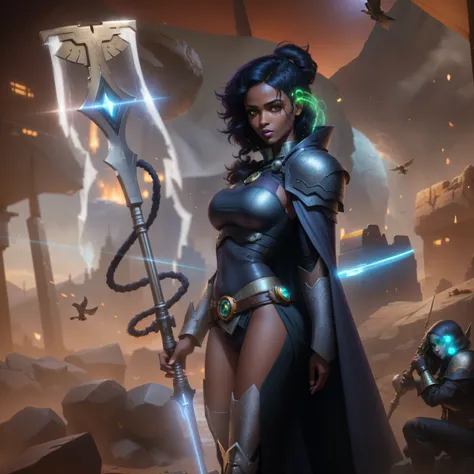 femme arafée dans une cape violette (Femme noire au nez fin, lèvres noires, grands yeux ronds, yeux verts), (portant un bâton d'aigle avec le symbole romain Aquila), (Cape longue), (Cheveux courts et lâches, coupe de cheveux viking (Cheveux noirs rasés...