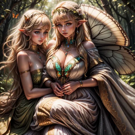 ((hyperrealistic, photorealistic, 8k, intricate details, maximum quality)) two beautiful young elves with long flowing blonde hair with bangs, silky skin, beautiful eyes, full breasts, beautiful lips, wearing earrings, hair ornaments, with two butterflies ...