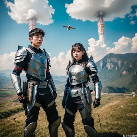 The Korean beautiful boy & girl .They are 20 years old. Wearing the battle armor of a god.they are fly his behind the Gods of Devil they fight him.In the background is the country of the Heaven Gods land .In his hand he holds the thunderbolt held by the go...