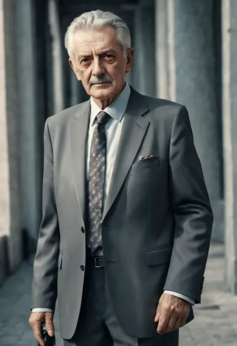 hyper-realistic image,full-length portrait of an elderly man in a suit, gray hair ,professional camera,sharpness before the eyes...