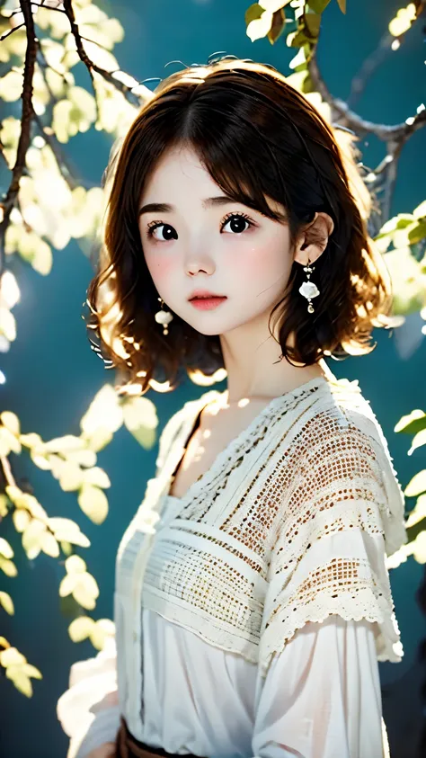 Portrait、master piece:1.3、one girl、upper body、Upper body、baby face、natural look、Very cute、brown hair、short bob、small red earrings、plump lips、no makeup、white t-shirt、focus on face、highest quality、high resolution、Super detailed、High quality、Detailed details、...