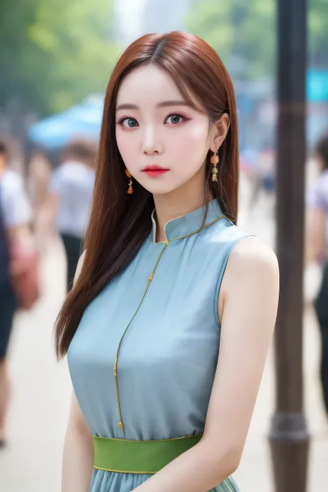 a woman, (actual), (Surreal), (photoactual), depth of field, eye makeup:0.5, (upper body:1.2), (Willow Yao:0.7), looking at the audience, casual wear, On the streets of the city, 