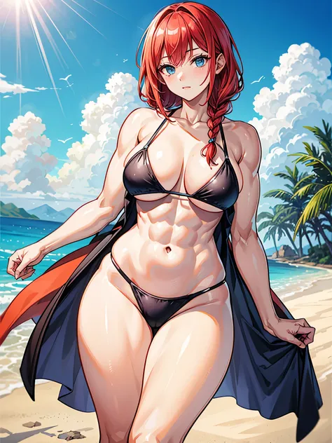 （（（masterpiece、Highest image quality、highest quality、highly detailed unity 8ｋwallpaper）））、（（Illustration of one girl））、（（（beautiful girl）））、（（red hair、Braid、sidelocks：1.2、blue eyes））、（（（stocky build：1.3, thickset physique, muscular legs, broad shoulders, s...