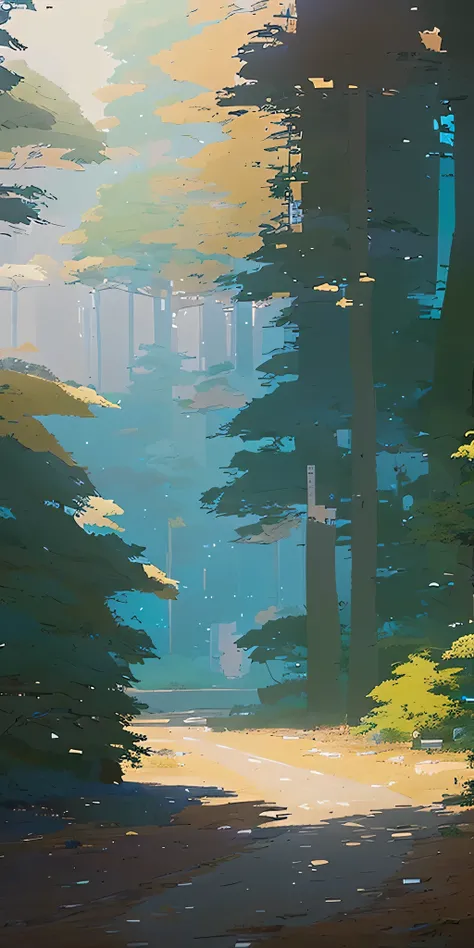 There  a picture of the forest，There  a bench in the middle, anime lush john 8k forest, anime background art, background art, Anime Landscape Concept Art, Ross Tran. landscape background, anime nature, forest clearing, forest outside, anime background, for...