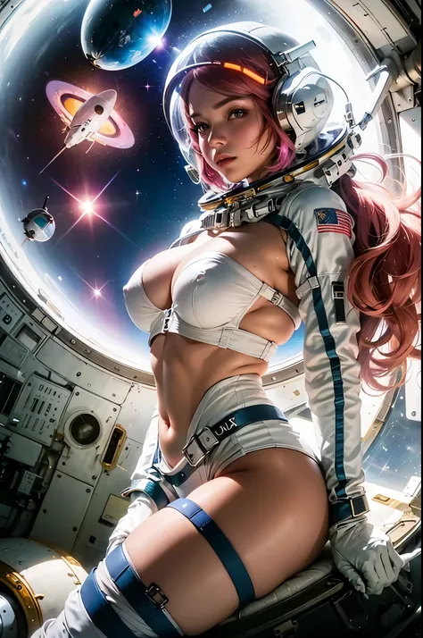 (beautifull astronaut lady with very ((gigantic breast:1,9)), wear astronaut suit, spread legs floating inside space ship) , (strapless bra), (show cleaveage), (show underboobs) , (show sideboobs), (show thigh), (detailed space ship), space background, bea...