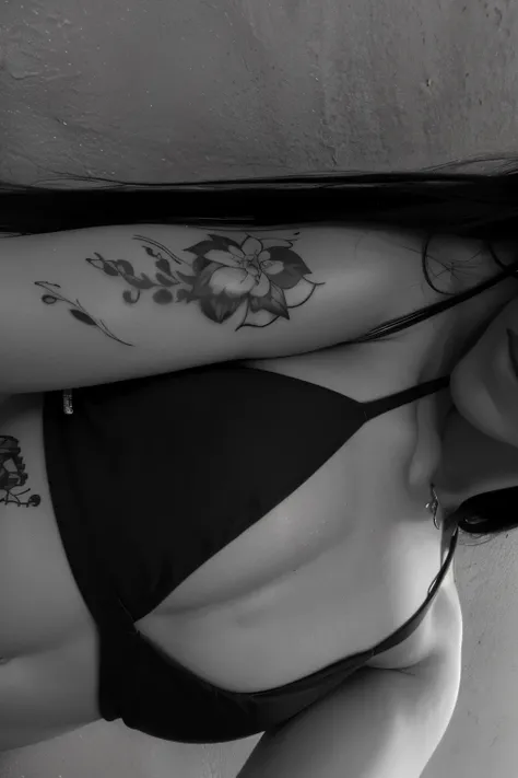 a close up of a woman in a bikini with a tattoo on her arm, by Ramón Silva, black and white tattoo, by João Artur da Silva, tatoo, a tattoo, with tattoos, tattoo sleeve on her right arm, tattoo on upper arm, tatto, close up half body shot, inspired by Guid...