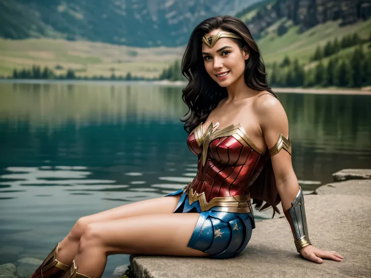 A movie scene of a woman wearing wonder woman suit sitting beside a lake, water, sunlight, side lighting, depth of field, 50 mm, cinematic, cinematic color grading, smiling face, hdr, 4k, 8k, realistic, detailed, side view