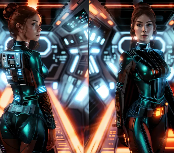 there a woman in a star wars costume in a spaceship, an imperial agent from star wars, futuristic starship crew member, solo female character, hyper realistic sci fi realistic, cinematic highly detailed, sci fi female character, 8 k high detail and intric...