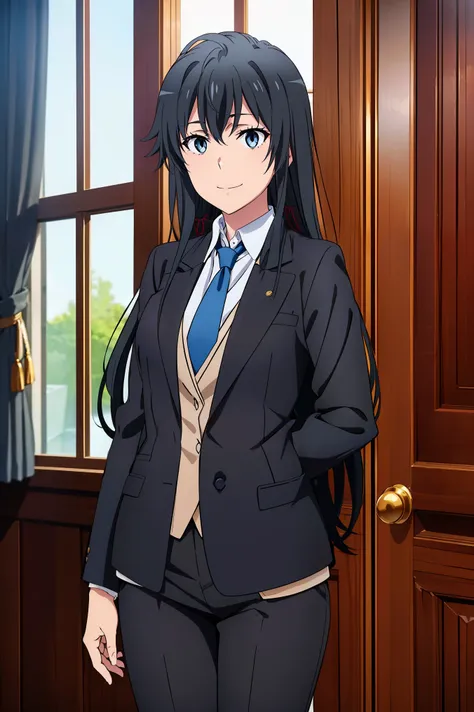 Yukinoshita yukino ,woman in formal attractive tailcoat standing in a large alcove in the room , 1girl, solo, blue necktie, black hair, blue eyes, long hair, smile , collared shirt, white pants, white shirt , tailored tailcoat elegant , standing in front o...