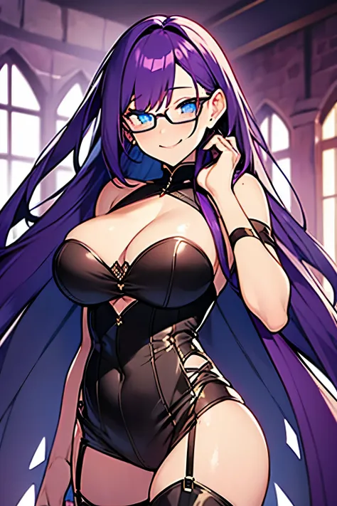 beautiful woman, purple hair, blue eyes, glowing eyes, freckles, gigantic breasts, cleavage, thin body, extremely long hair, strapless bustier, frayed short shorts, thigh high boots, thin frame eyeglasses, bare arms, smiling, blushing, ultra detailed, cast...