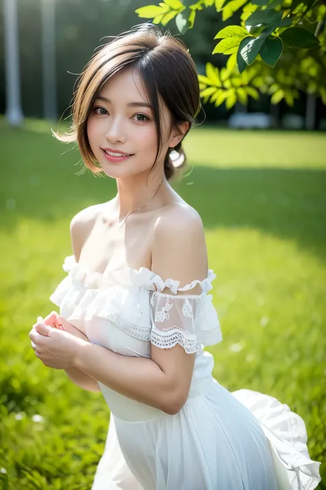 Best quality, masterpiece, ultra high res, (photorealistic:1.4), raw photo, 1girl, white dress, off shoulder, blossom flower field, glowing skin, light smile