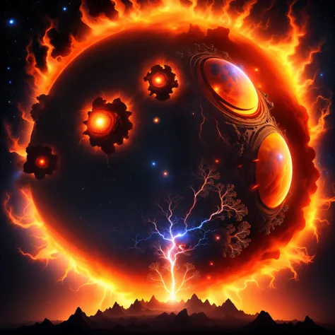 Close-up of a planet with lightning in the middle, apocalyptic spherical explosion, fractal burning halo, exploding planet in the background, surreal nuclear eclipse explosion, Shining magma sphere, collision of celestial bodies, fantasy planet, big sphere...