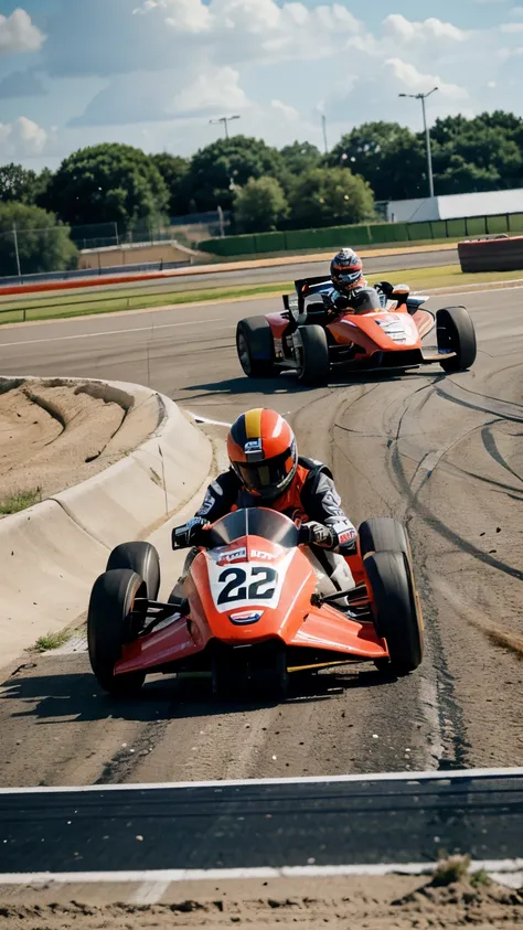 there are two men racing go karts in a race track, at racer track, racing, on a racetrack, bumper cars, slick, taken on a nikon, face shot, photo - shot, foto, race, sport, wide angle”, header text”, drifting, interesting shot, adventurous, intense battle,...