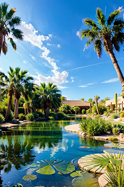 Create an oasis in the middle of a vast desert, complete with palm trees, a tranquil pond, and desert wildlife. --ar 3:2