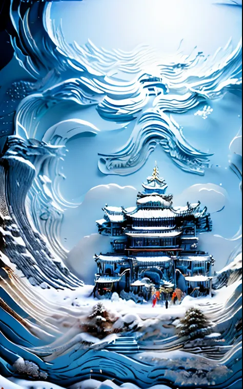 ((blue and snow white)),snowflake,iceberg,plum bossom,(snowman),,china tower,chinese style,mountains and flowing water,beautiful...