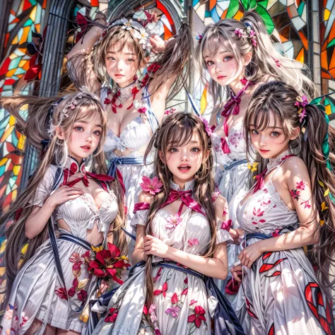 (sfw, White and Red, Acutance:0.8), Masterpiece, (realistic and ((photorealistic:1.37)) with touch of rawness). A group of KAWAII girls in opened school uniform without bra . (extremely detailed KAWAII face variations, joyful expression variations), { Nave...