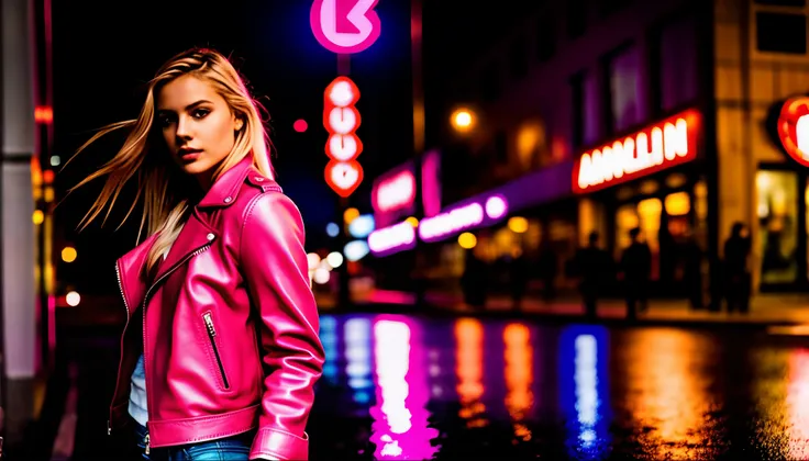 cinematic: cute blonde girl with pink leather jacket with punk feel on street neon moscow night ultra-realistic, highly detailed...