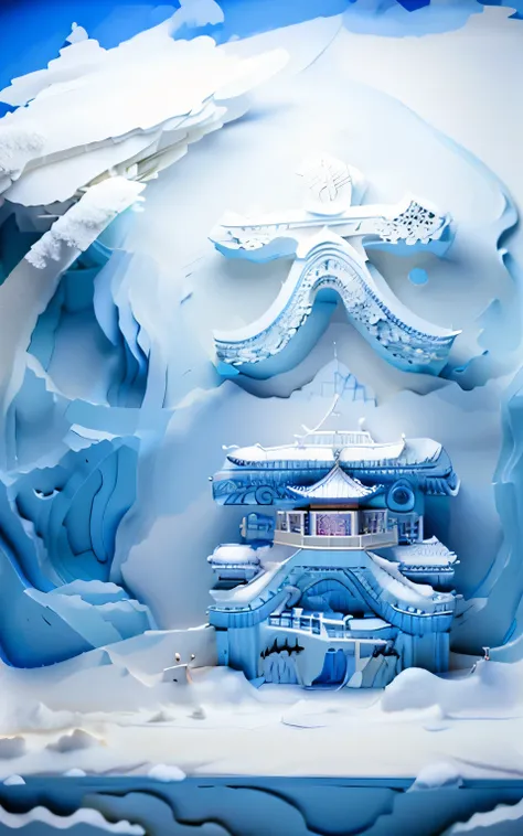 ((blue and snow white)),snowflake,iceberg,plum botham,(snowman),ancient building,chinese style,mountains and flowing water,beaut...