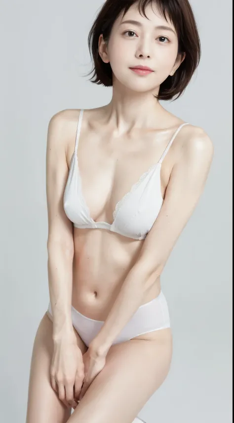 Japanese, Women of short stature, Slender, small breasts, Short arms, long slit eyes, Ephemeral atmosphere, 30-year-old girl, black bob hair, ((thin lips)), white top and bottom underwear, muste piece, best quality, detailed skin, detailed eyes, ,8K, good ...